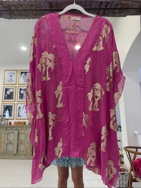 Pitusa Fuchsia Sheer Kaftan with Gold Palm Accents